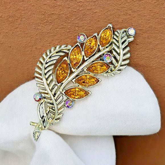 Vintage Star Signed Brooch Wheat Stalk AB Amber Tone Gemstone Estate Jewelry Pin - Picture 1 of 12